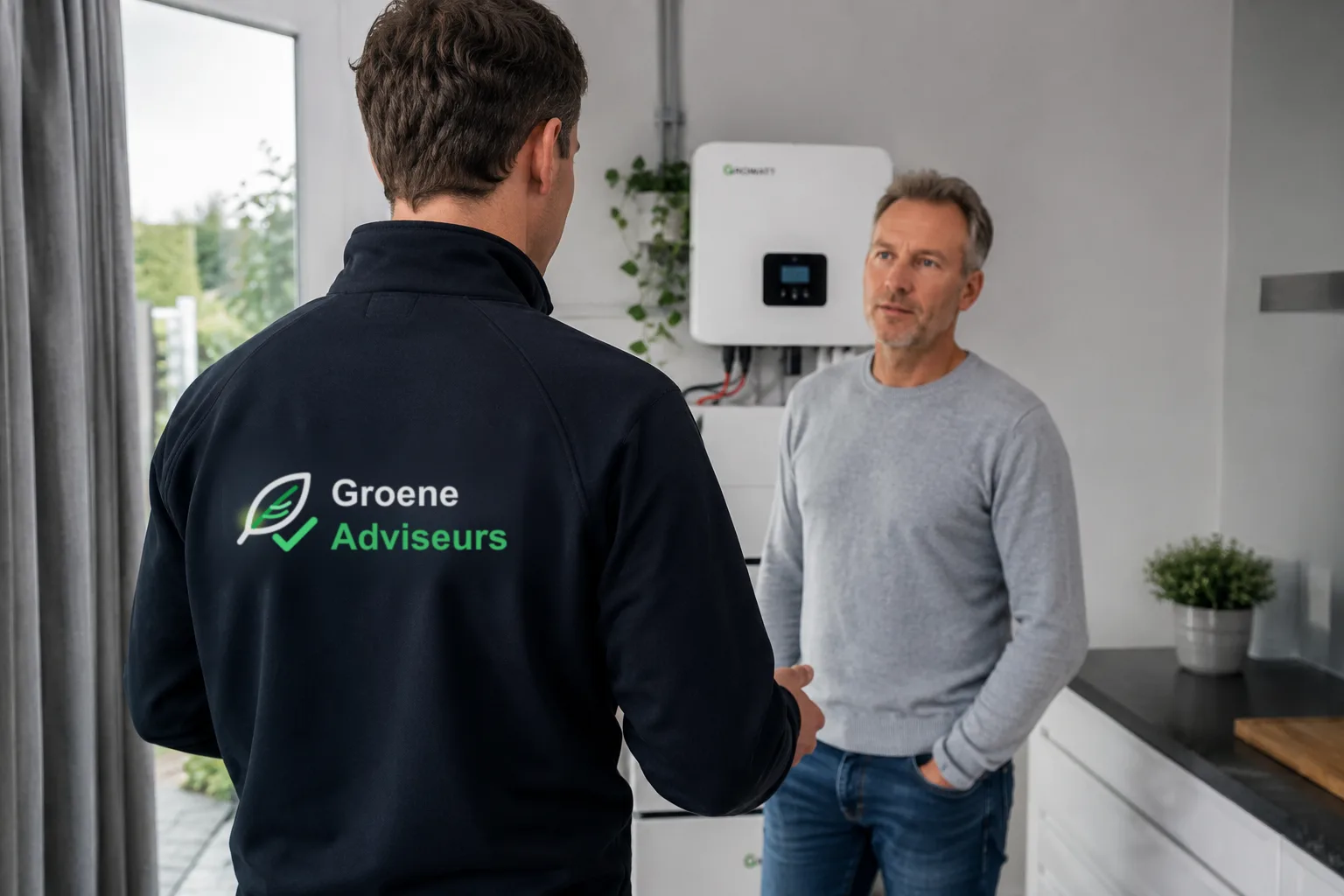 Adviseur van Groene Adviseurs in gesprek met een huiseigenaar, naast een thuisbatterij aan de muur